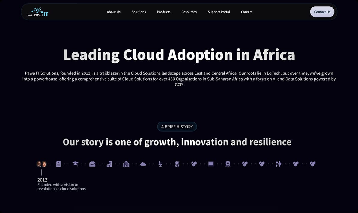 Screenshot of About page showing the interactive timeline component