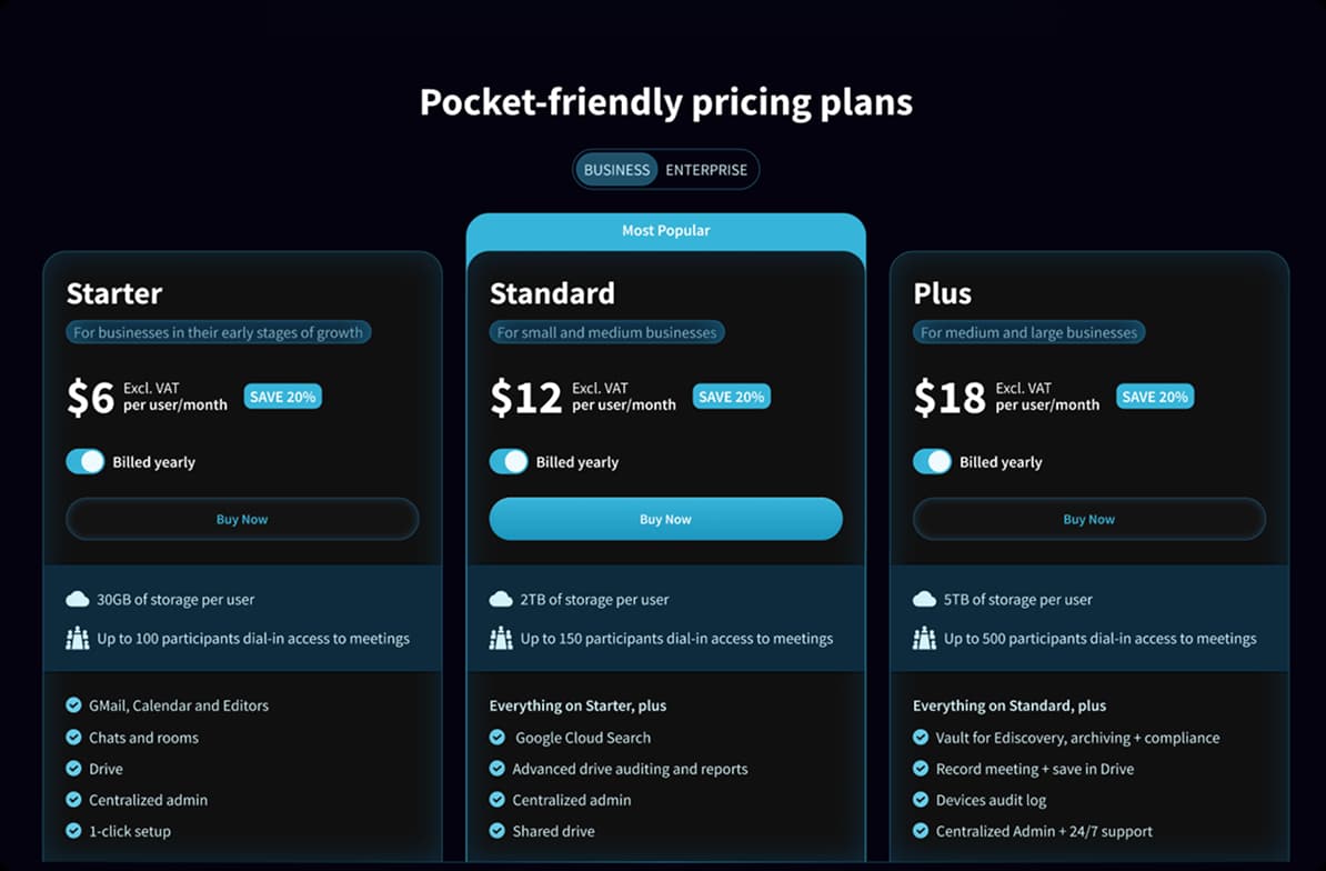 Screenshot of pricing section