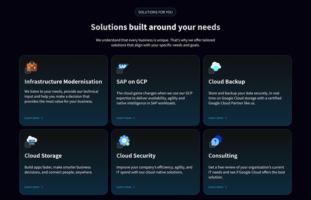 Screenshot of solutions section
