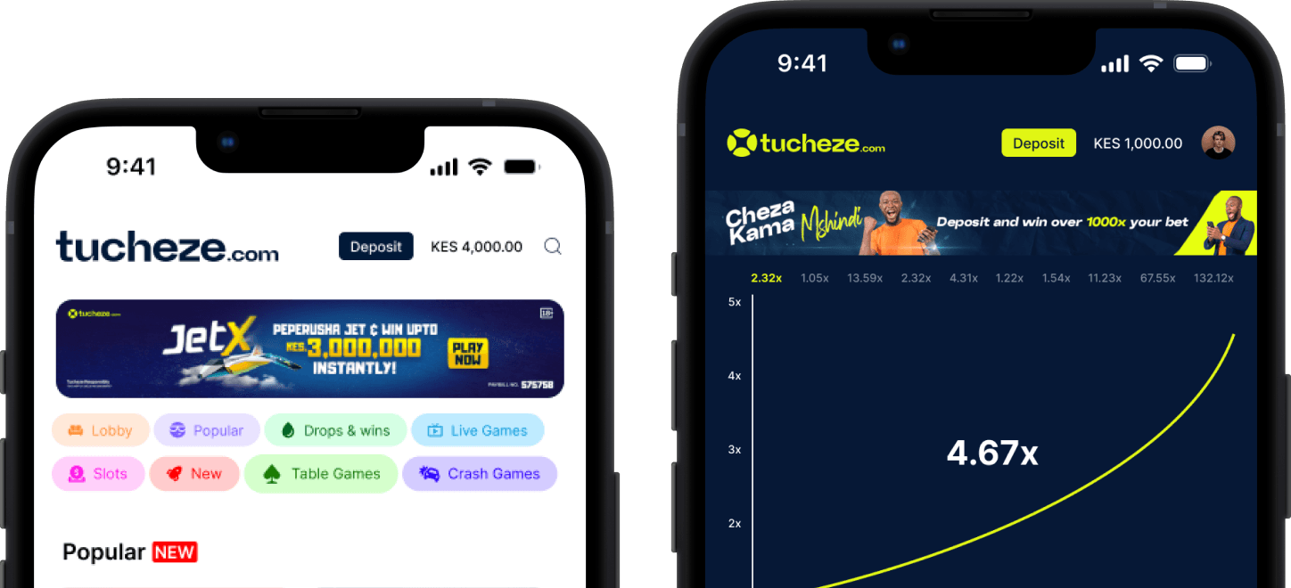Two iPhones displaying the Tucheze mobile interface